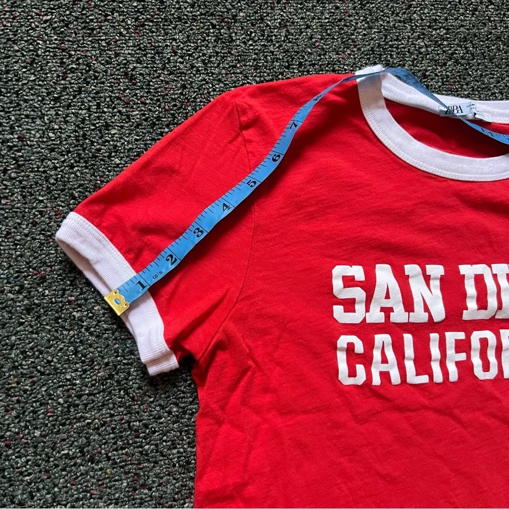 ZARA Red & White Varsity Baseball Graphic Short-Sleeve Ringer T-Shirt Shirt sz M - Picture 13 of 16